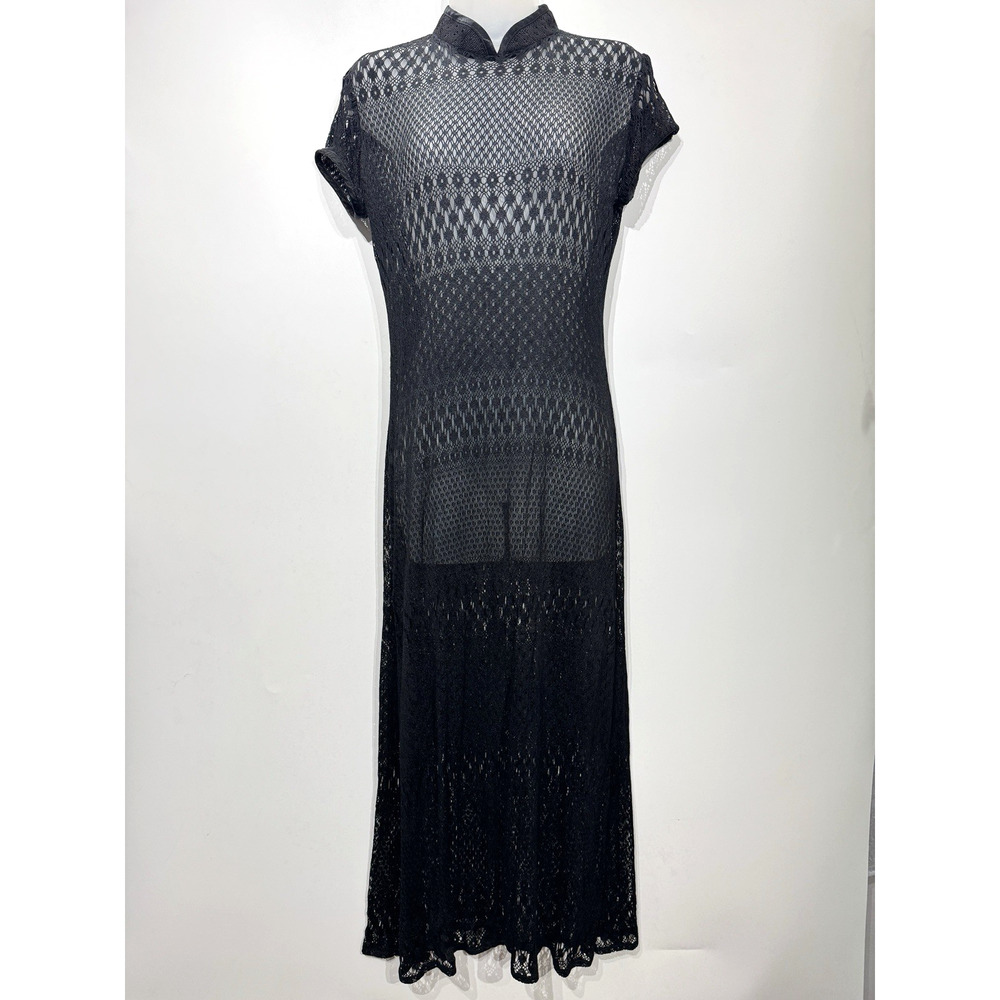 VTG Virgo II Sheer Crochet Maxi Dress Sz 8 Black Boho Goth Asian-Inspired Mesh